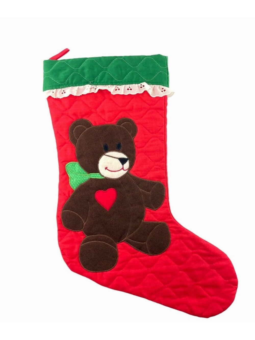 Christmas Stocking Charming Teddy Bear w Heart Red Quiltd  16"  Long